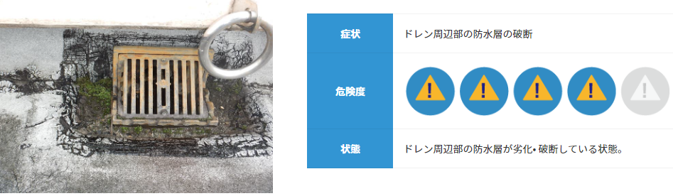 ドレン周辺部の防水層の破断　